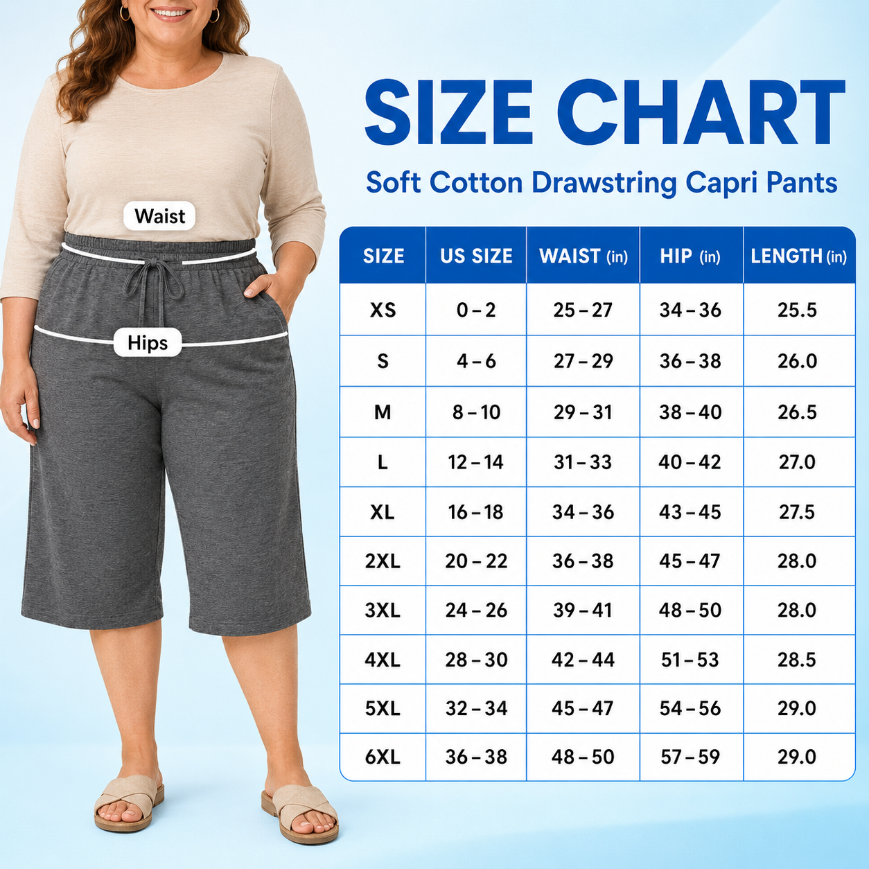 EaseCurve - Soft Cotton Drawstring Capri Pants