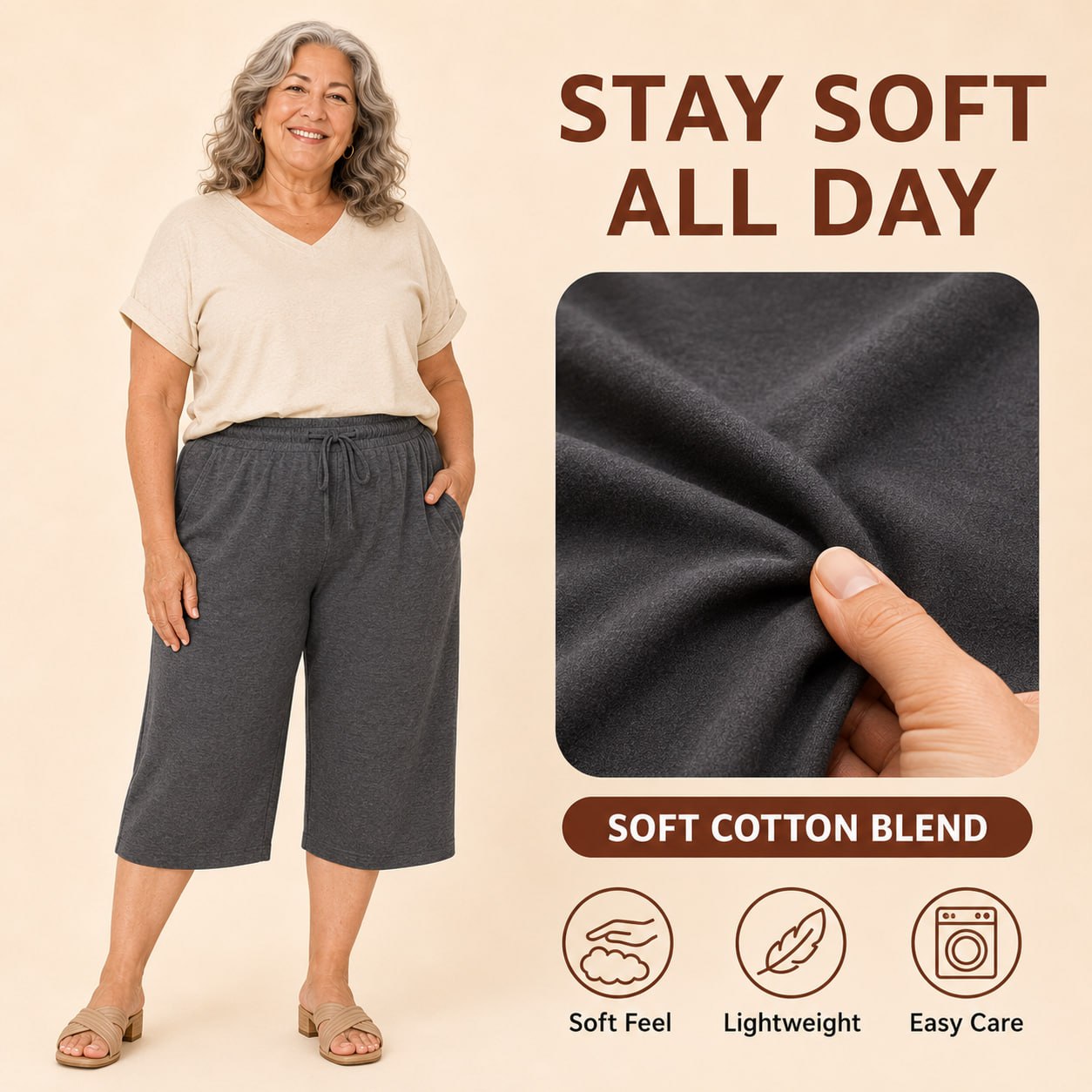 EaseCurve - Soft Cotton Drawstring Capri Pants