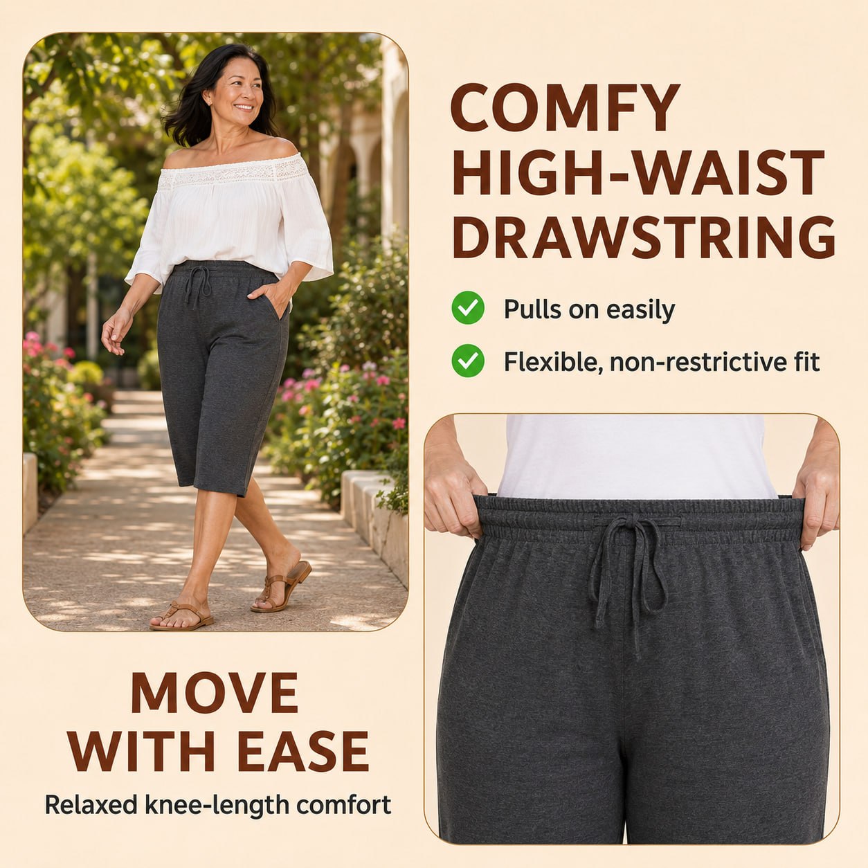 EaseCurve - Soft Cotton Drawstring Capri Pants